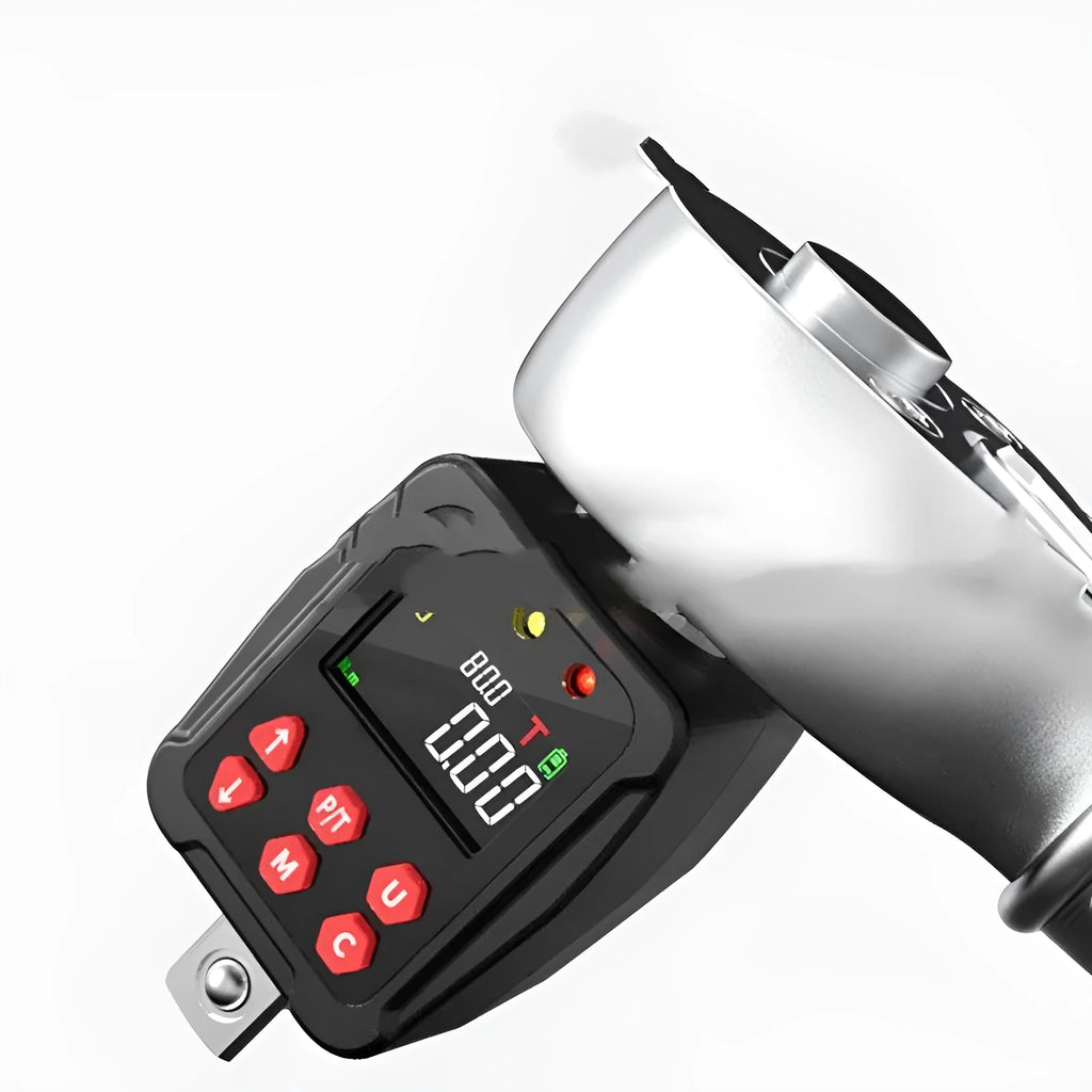 Digital torque meter with 1/2 inch square drive and display head in three-piece metal set