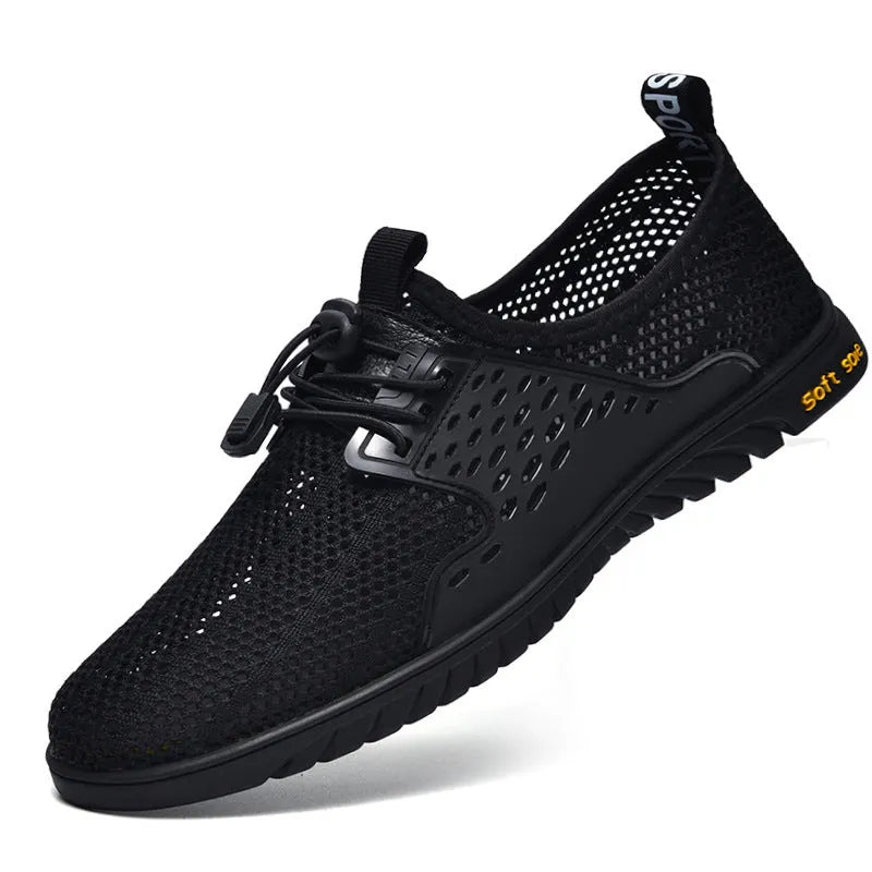 Men's black breathable mesh casual shoes with an elastic band closure and rubber sole