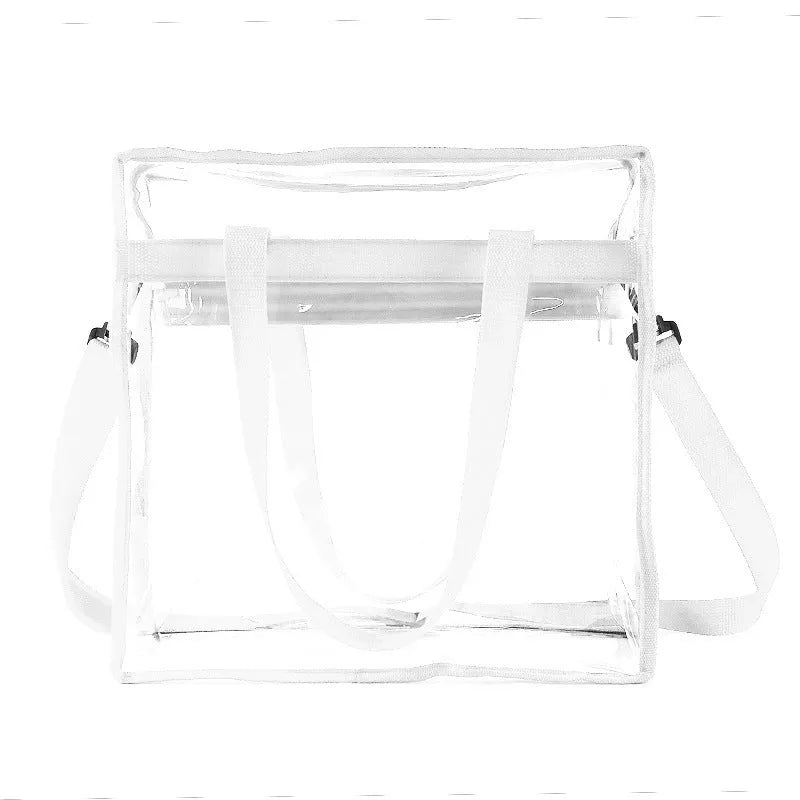 Women's PVC messenger bag with transparent front compartment and crossbody strap in a selection of colours.