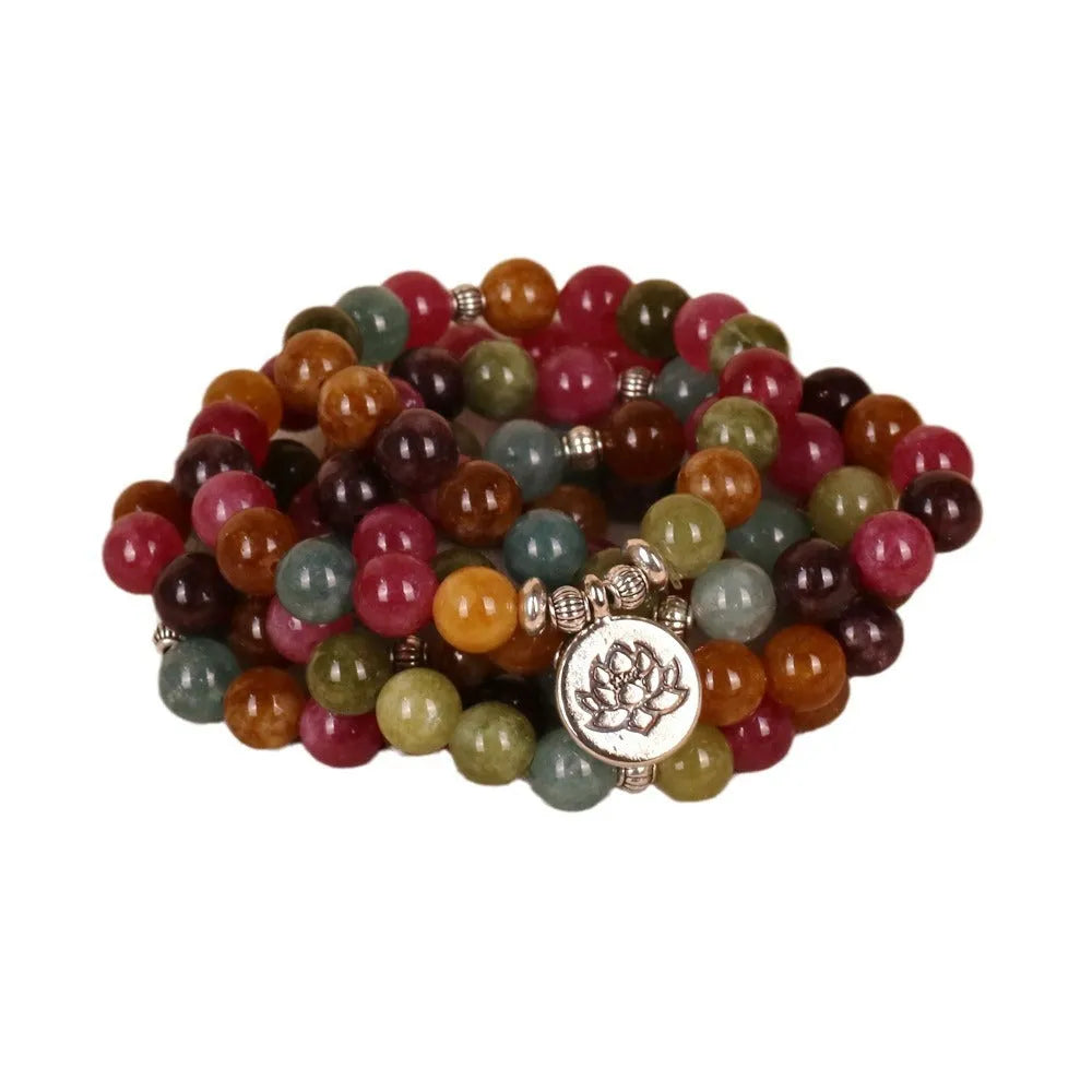 Multi-layer 108 bead bracelet with hanging lotus pendant in tourmaline colour