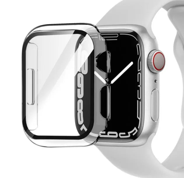 PC tempered film replacement case for Apple Watch in various colours and sizes on display.