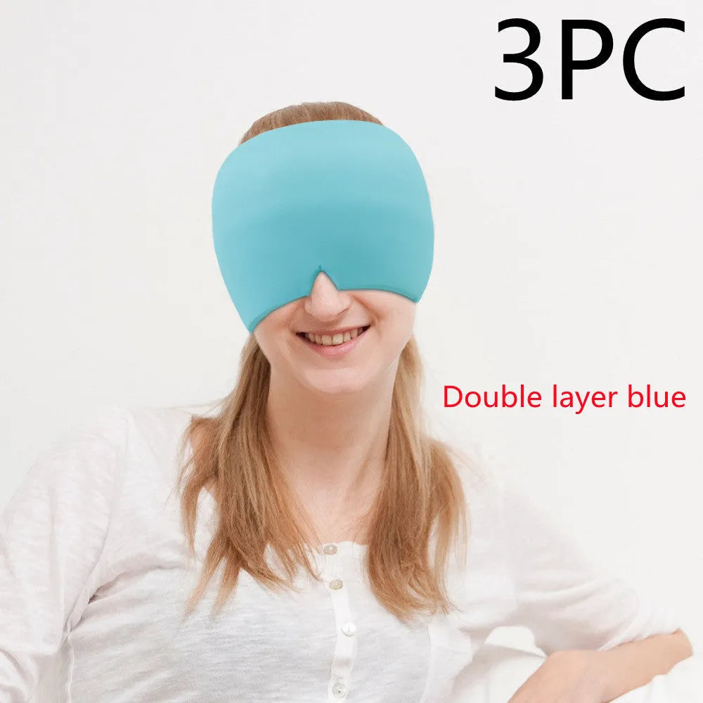 Black reusable gel ice mask for eyes and forehead on a white background