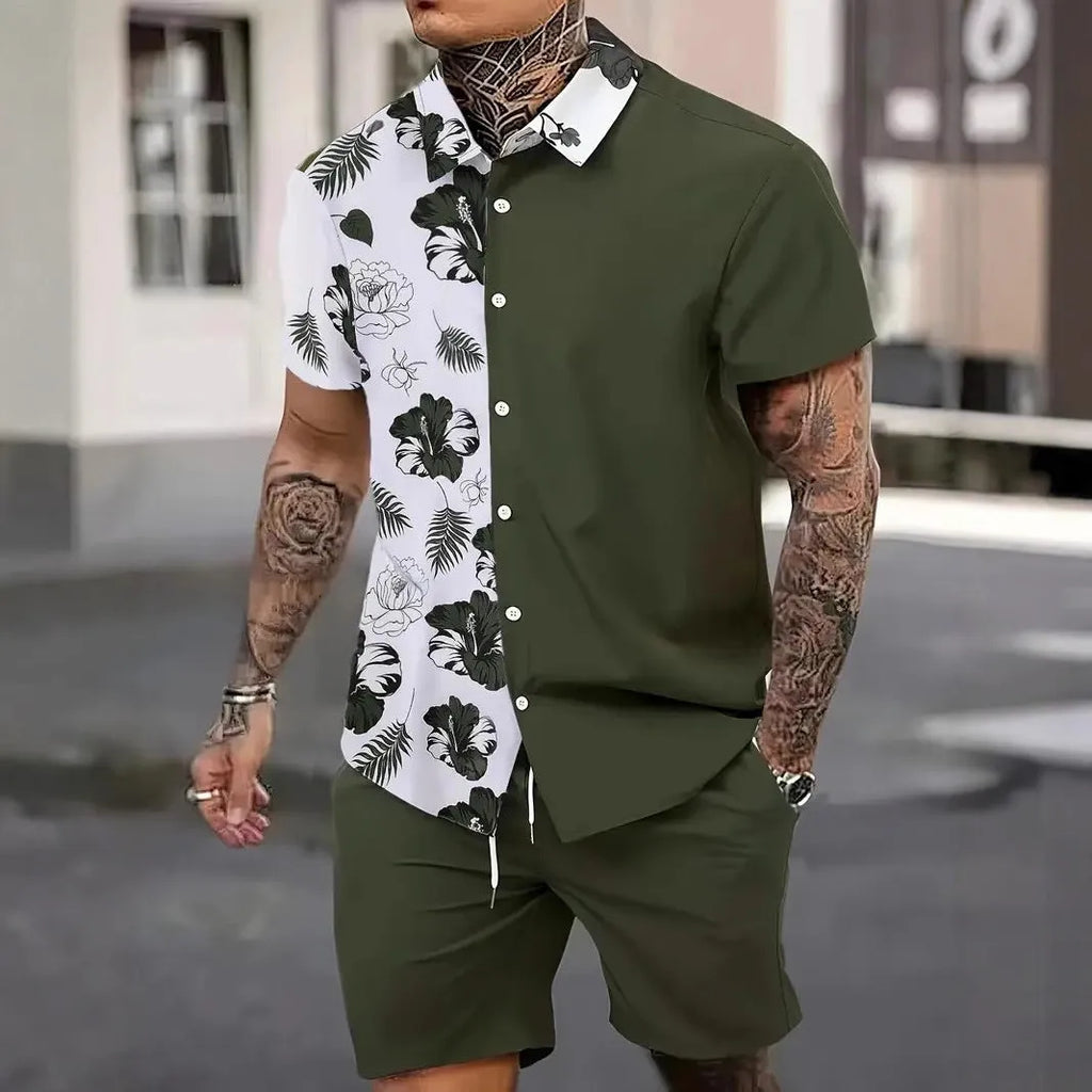 Men's Hawaii 3D printed short sleeve top and shorts leisure suit set on a hanger.