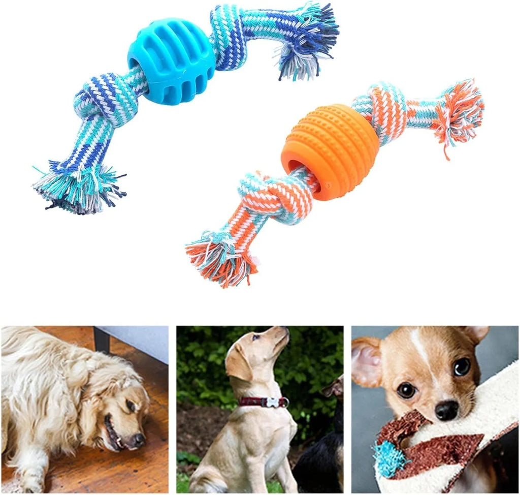 Blue dog chew toy with rope and molar cleaning design for dental hygiene
