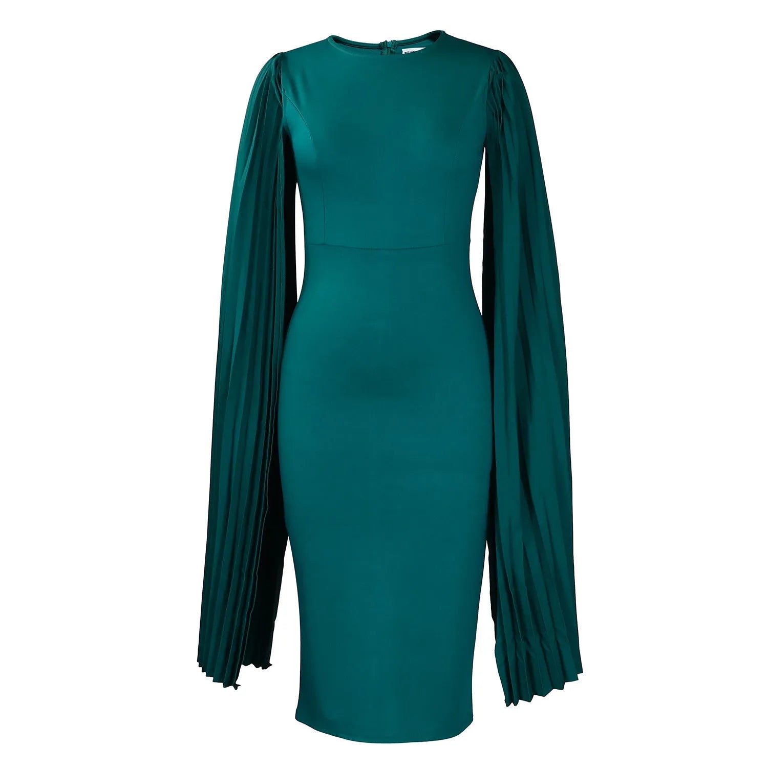 Long sleeve high waist evening gown with a round neck and pleated shawl detail.