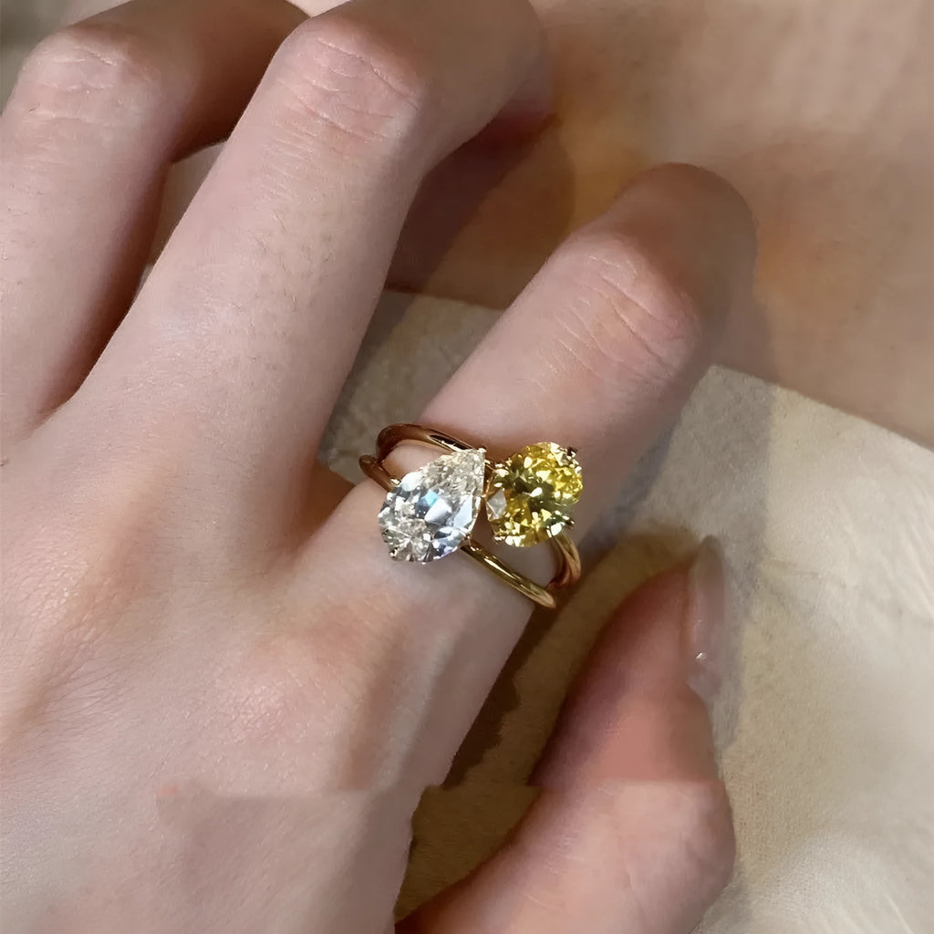 Women's geometric open ring with water drop double Sheng stone design in contrast colours on copper band