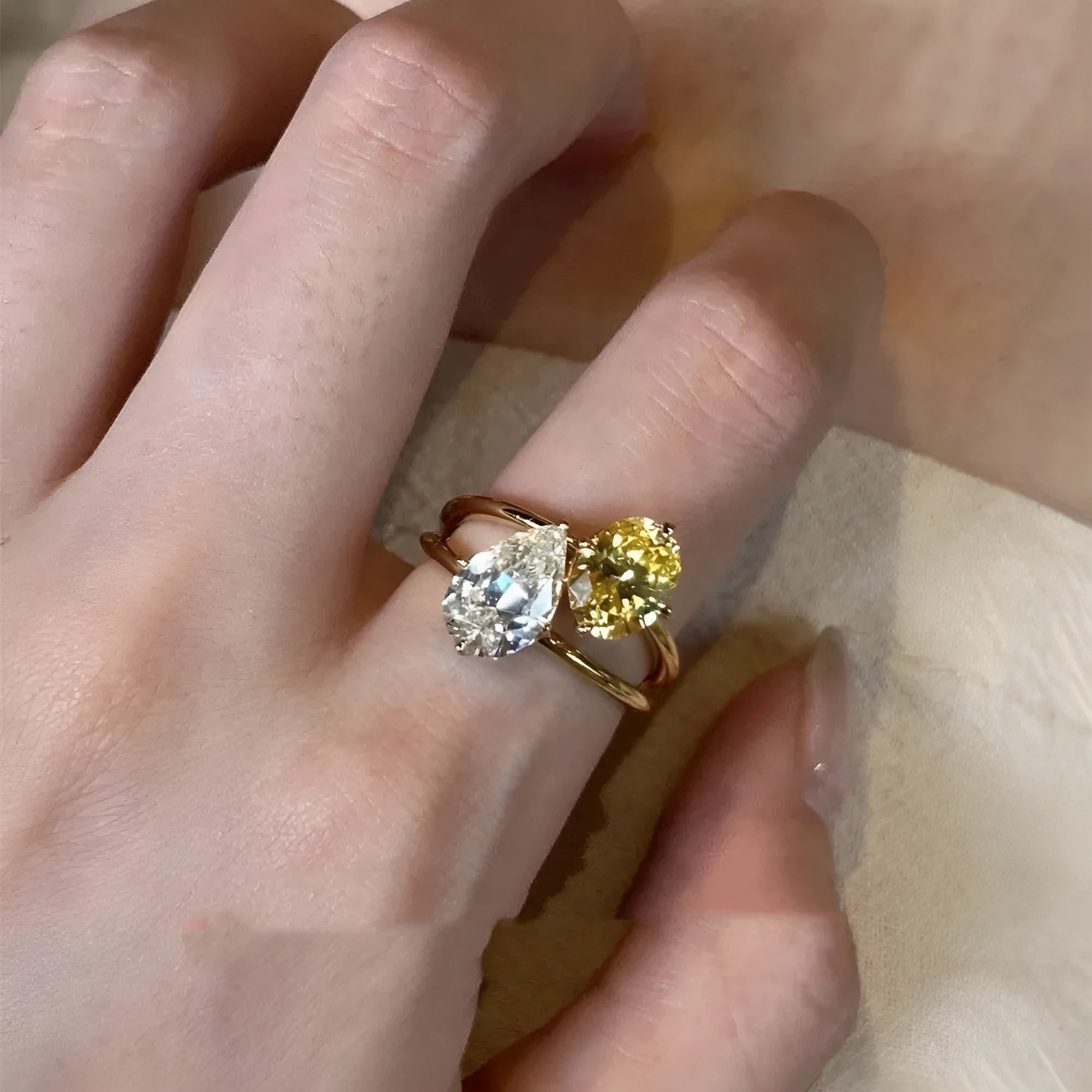 Women's geometric open ring with water drop double Sheng stone design in contrast colours on copper band