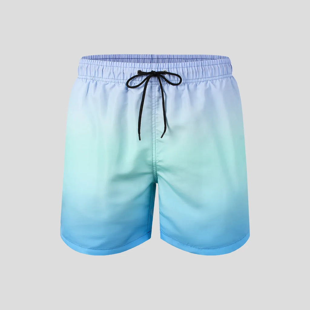 Men's gradient colour 3D printed mesh sports shorts showing elastic fabric and shorts length.