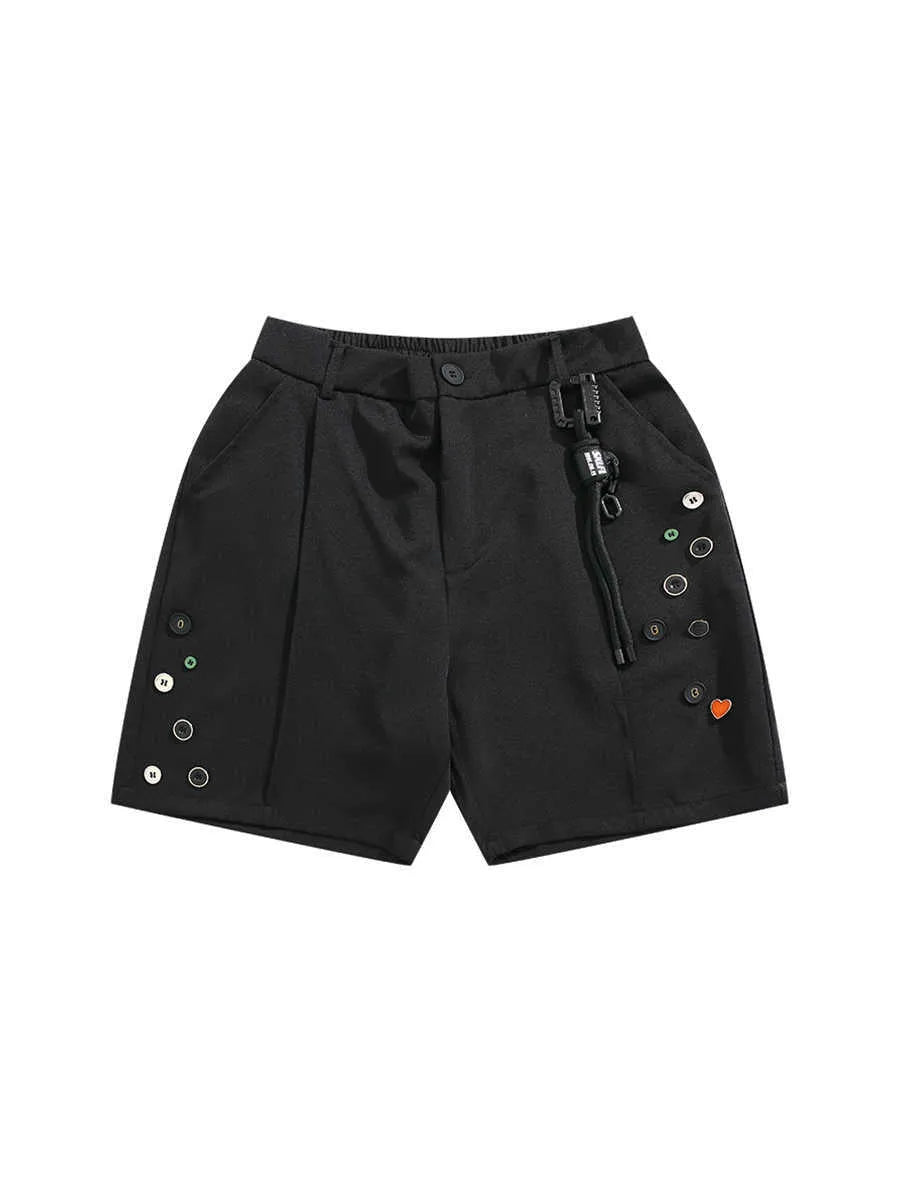 Black men's semi-elastic shorts with a colour button, loose straight-leg cut, and zip fly.