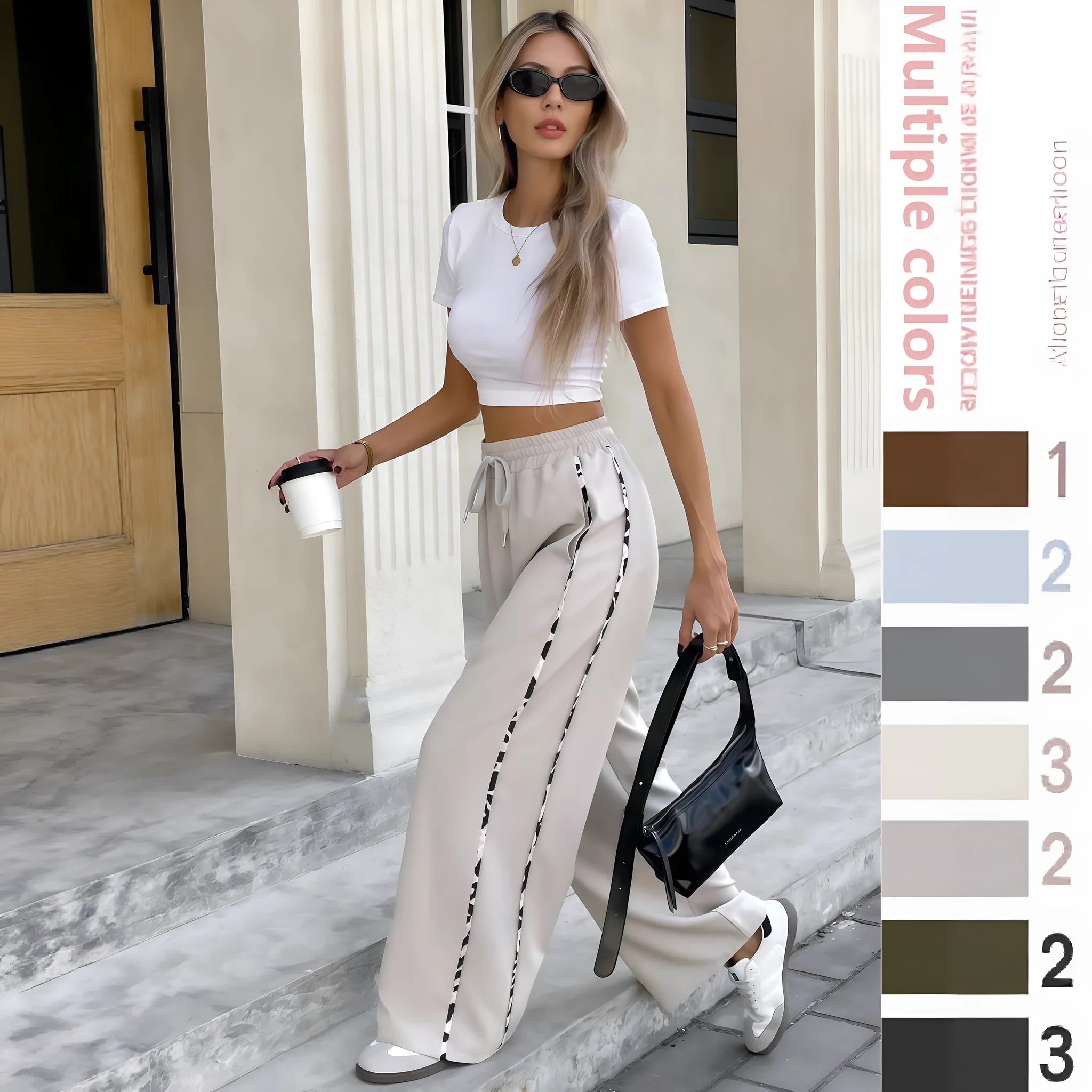 Lace-up drawstring high waist casual pants in loose straight fit with Japanese-Korean styling