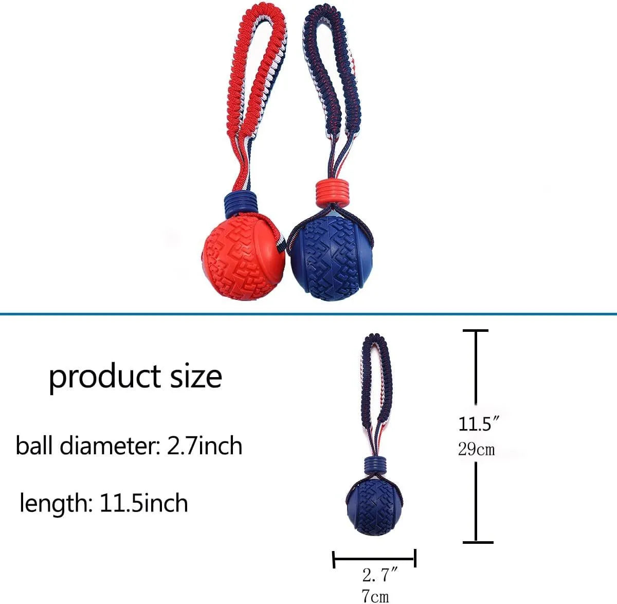 Blue rubber dog ball with rope toy for small dogs showing textured surface and 29cm length