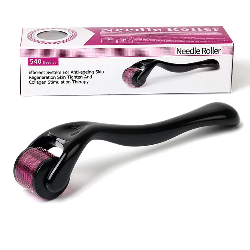 Black and purple derma roller with 540 titanium microneedles, showing needle size options from 0.2mm to 1.0mm.
