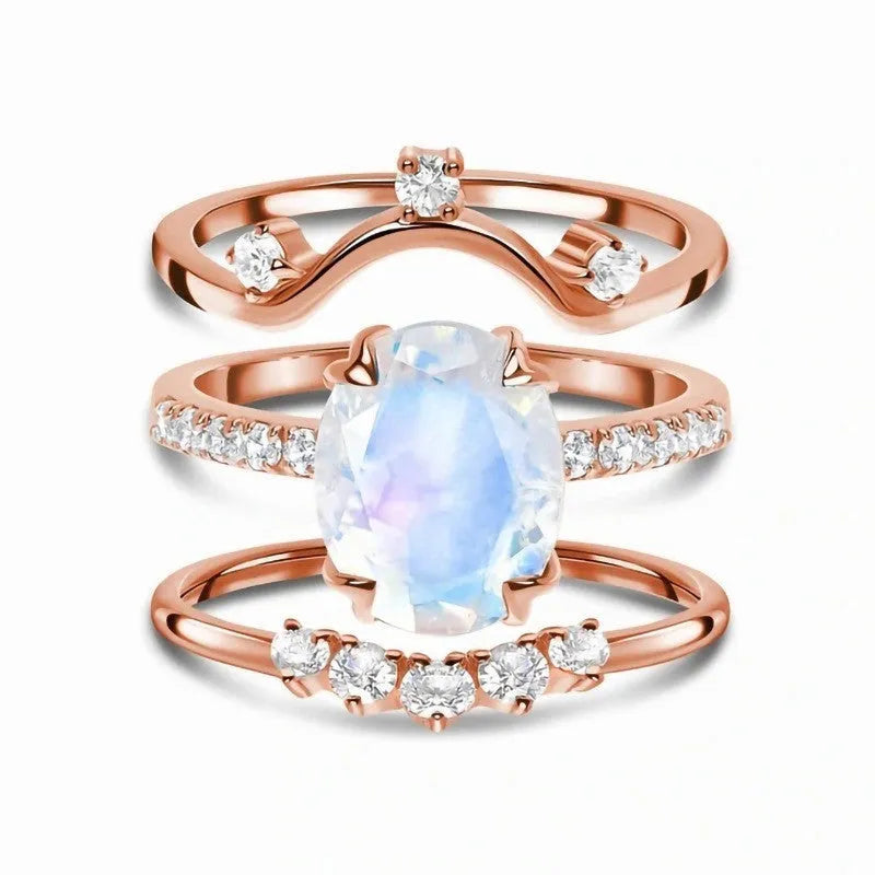 Silver multi-layer moonstone rose gold ring set of 3 on display, unisex geometric style