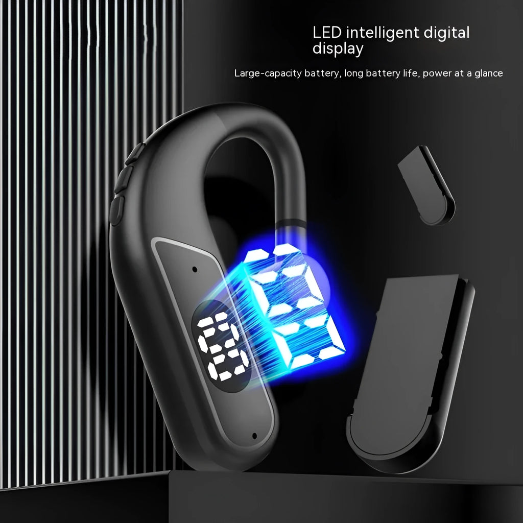 Black digital display ear hook sports headset with dual battery and in-ear fit