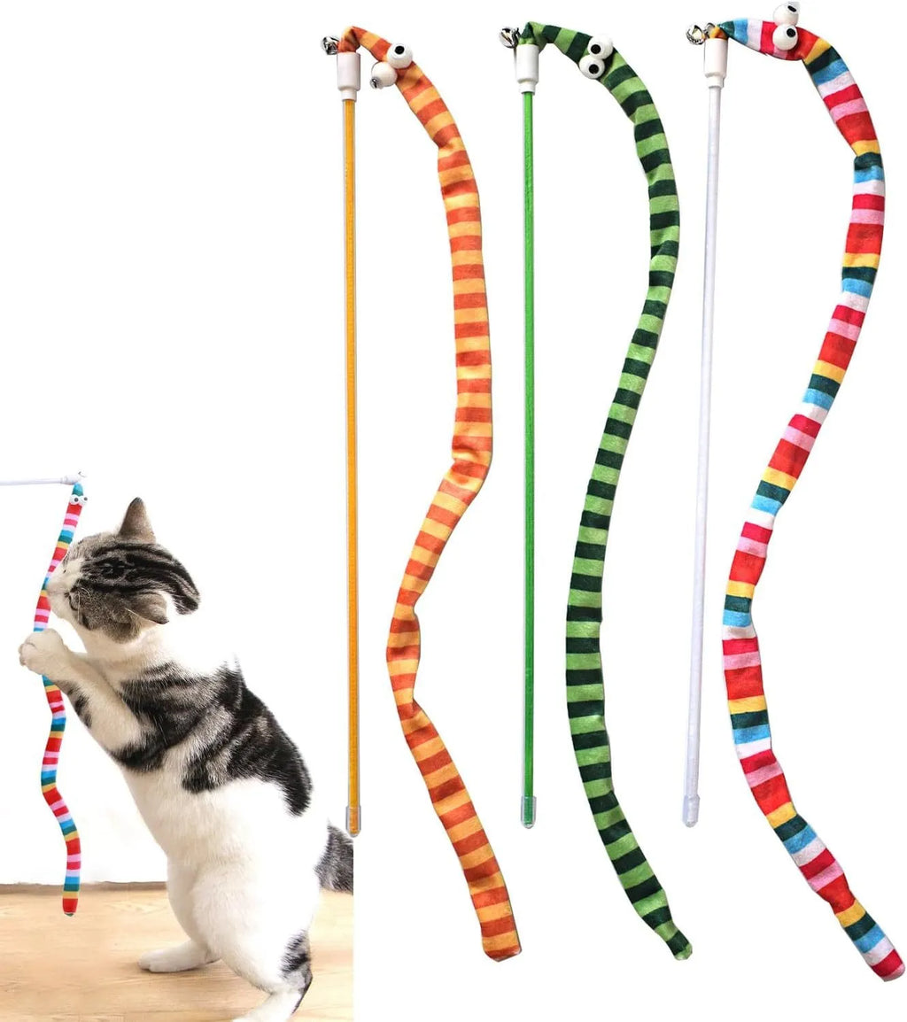 Colourful cat wand toy with long plush strip attachment for interactive play