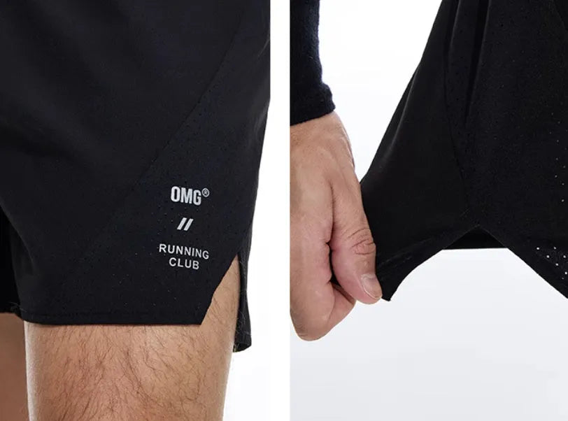 Black and blue four-point stretch running shorts with laser-punched stitching for training.