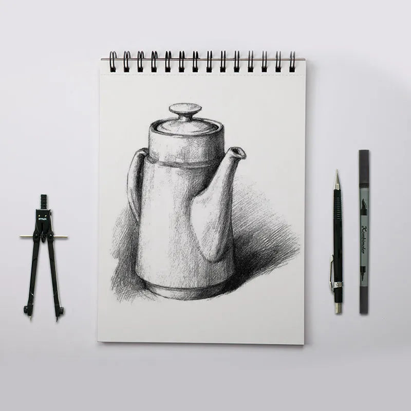 A4 sketch book with coil binding showing lay-flat pages, available in multiple paper weights and sizes for drawing