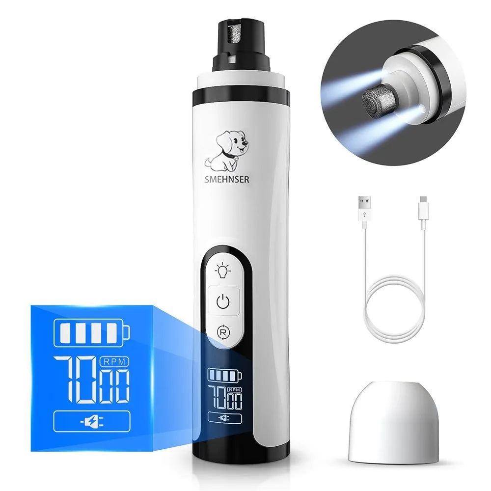 Electric dog nail trimmer with LCD display showing power levels and dust collection system