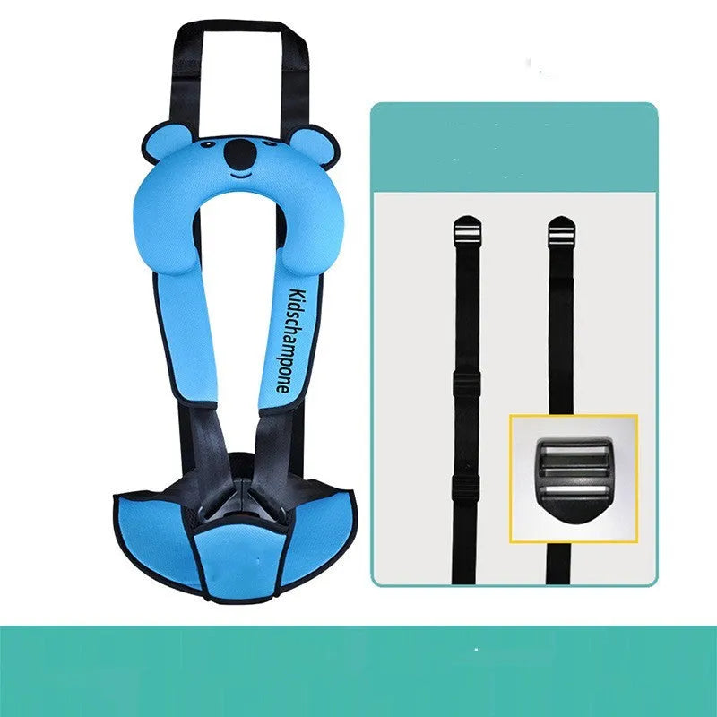Portable child safety seat belt retainer in polyester fabric for toddlers 12-36kg.