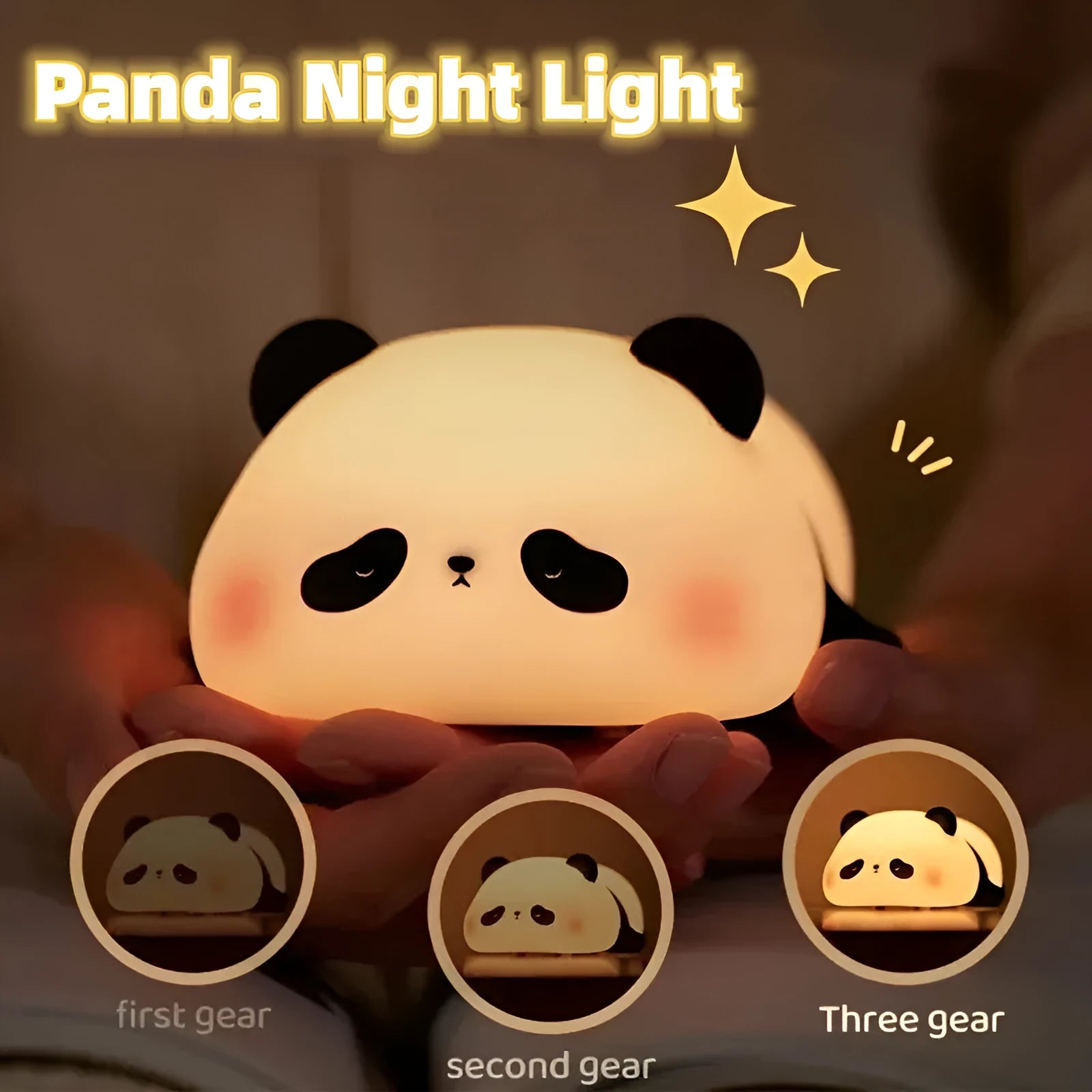 White panda-shaped night light with black accents measuring 150mm tall with USB charging port