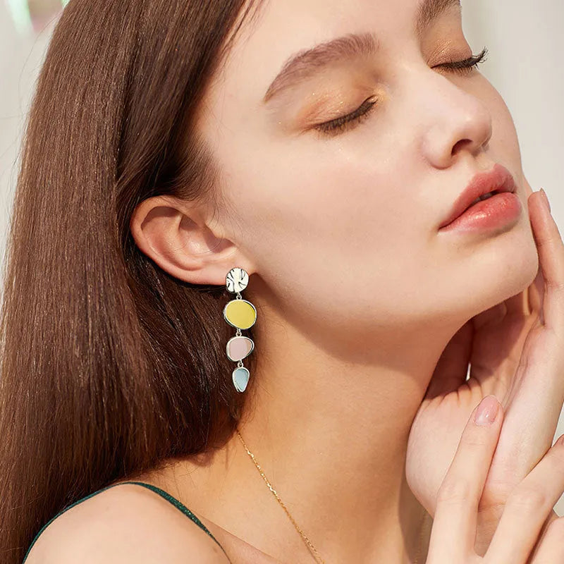 Sterling silver finish drop earrings with a Morandi three-colour oil-dripped wafer disc design.