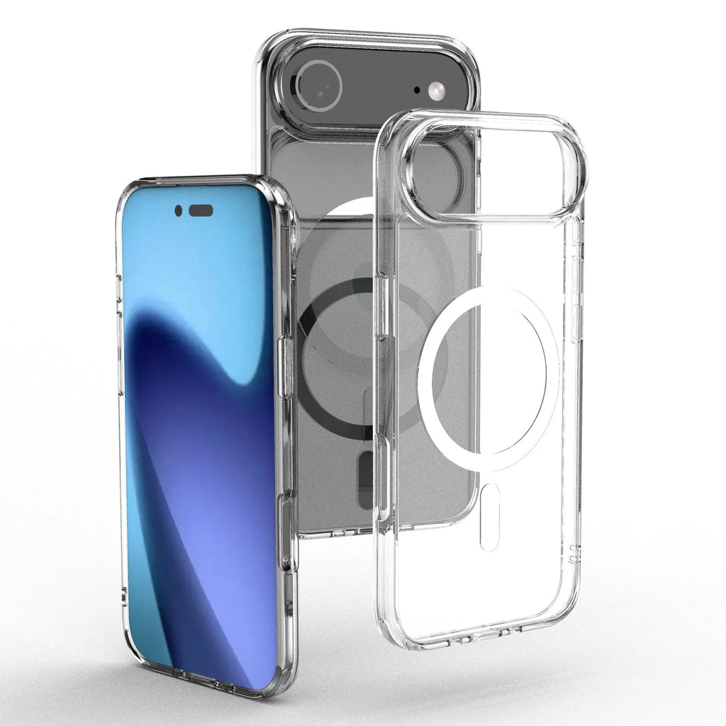 Transparent magnetic protection case for iPhone 17 series phones showing clear design with magnetic ring