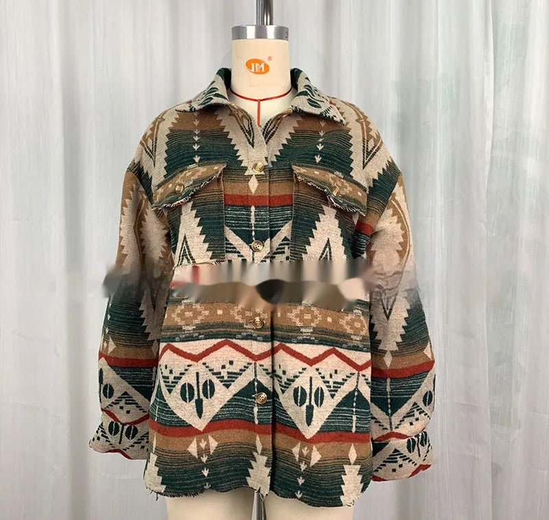 Women's loose-fit aztec print retro coat in army green, made from wool blend fabric.