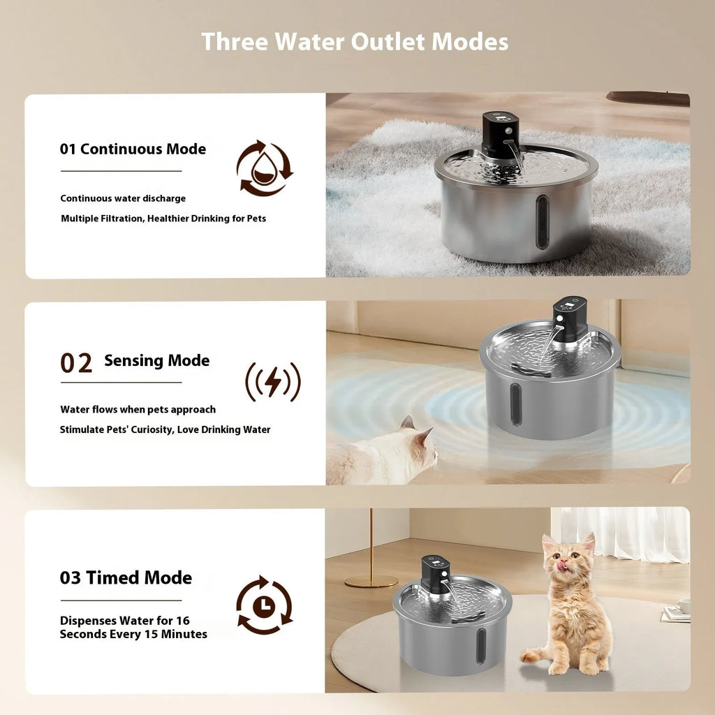 Stainless steel pet water fountain with heating base for cats and dogs in black colour option