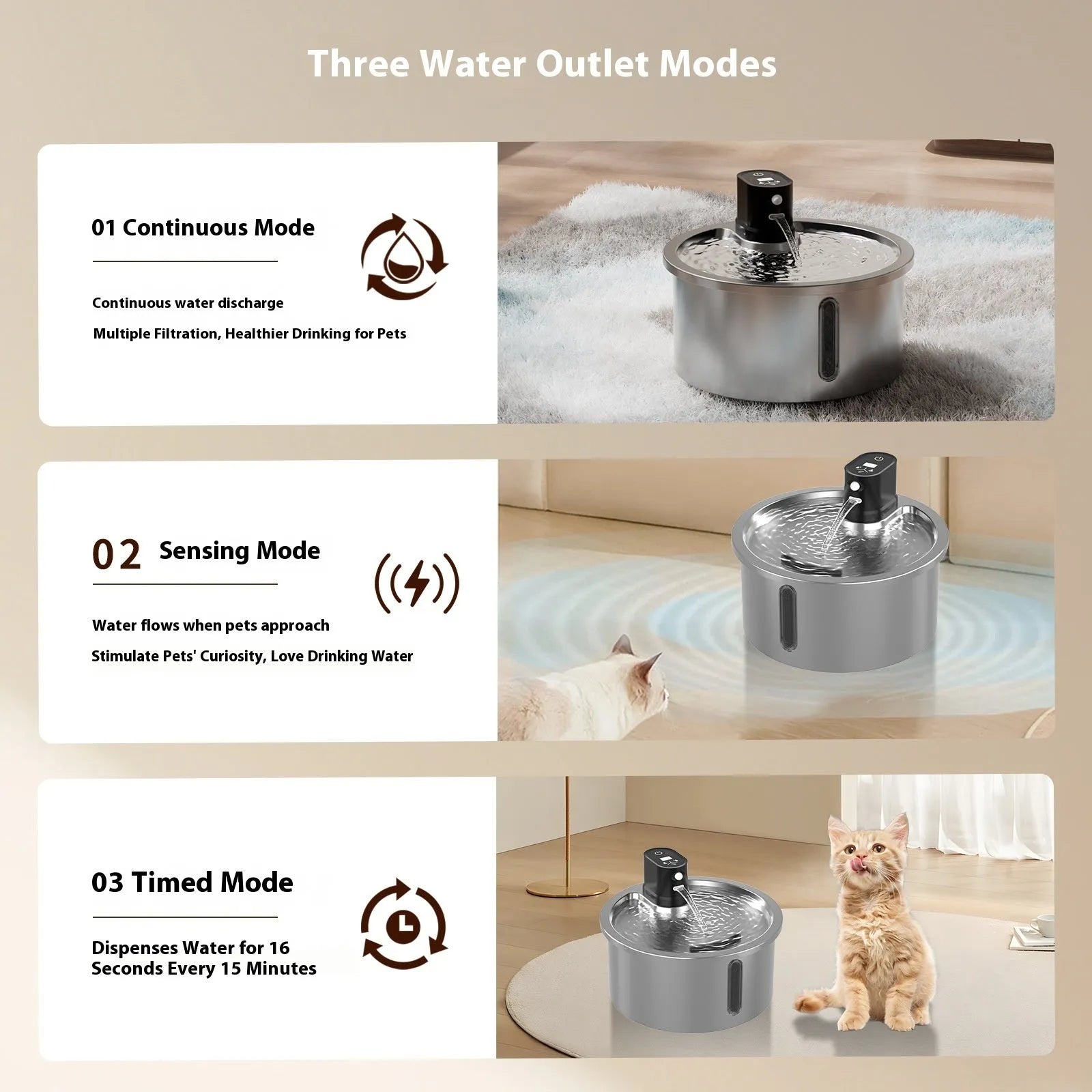 Stainless steel pet water fountain with heating base for cats and dogs in black colour option