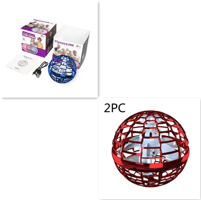 Blue LED spinning flying ball toy and magic wand set on a neutral background.