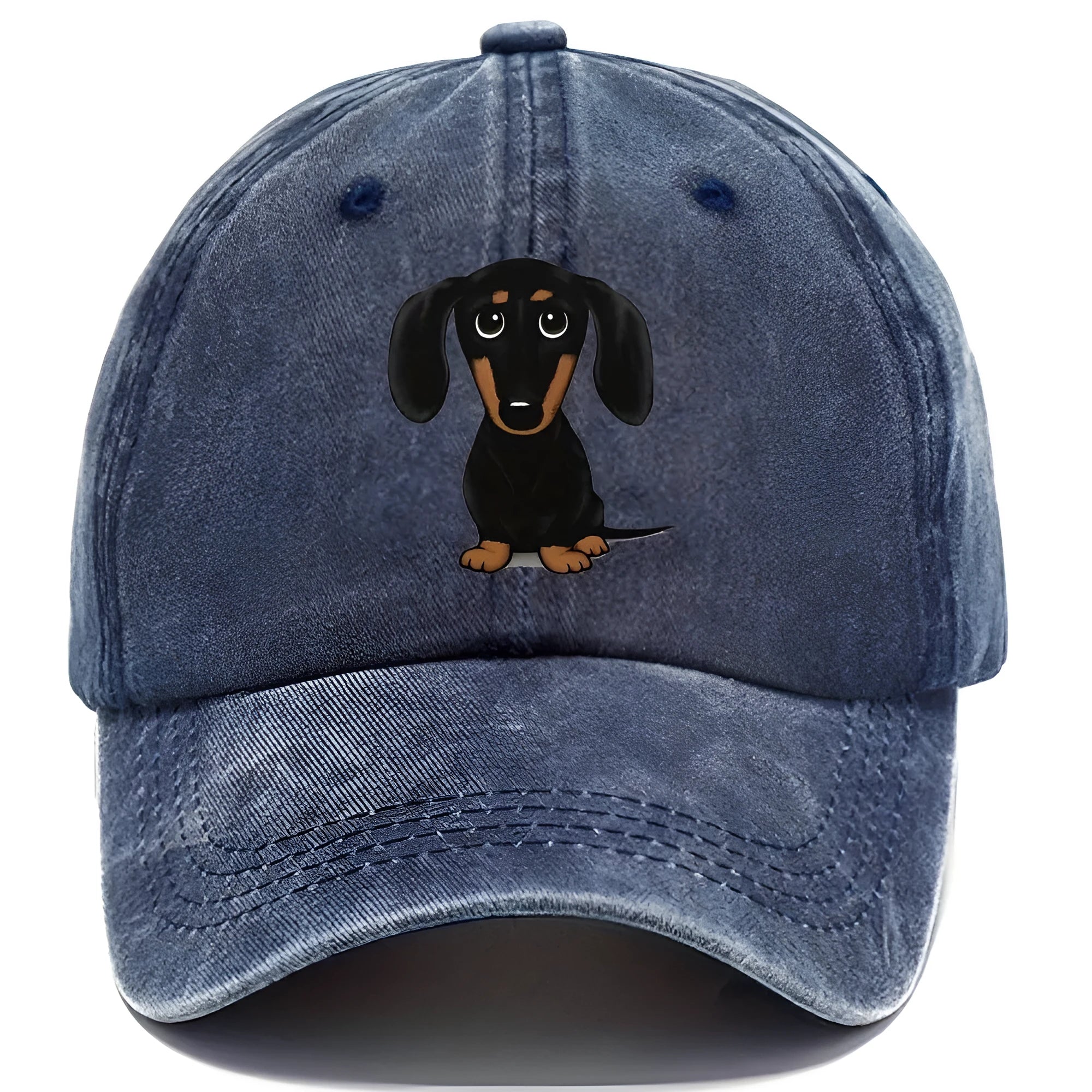 Retro cotton baseball cap with embroidered Dachshund design on dome crown, size M fits 56-58cm head circumference