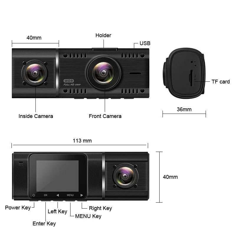 Black dashcam car camera with wide-angle lens, 1.5-inch screen, and mounting stand