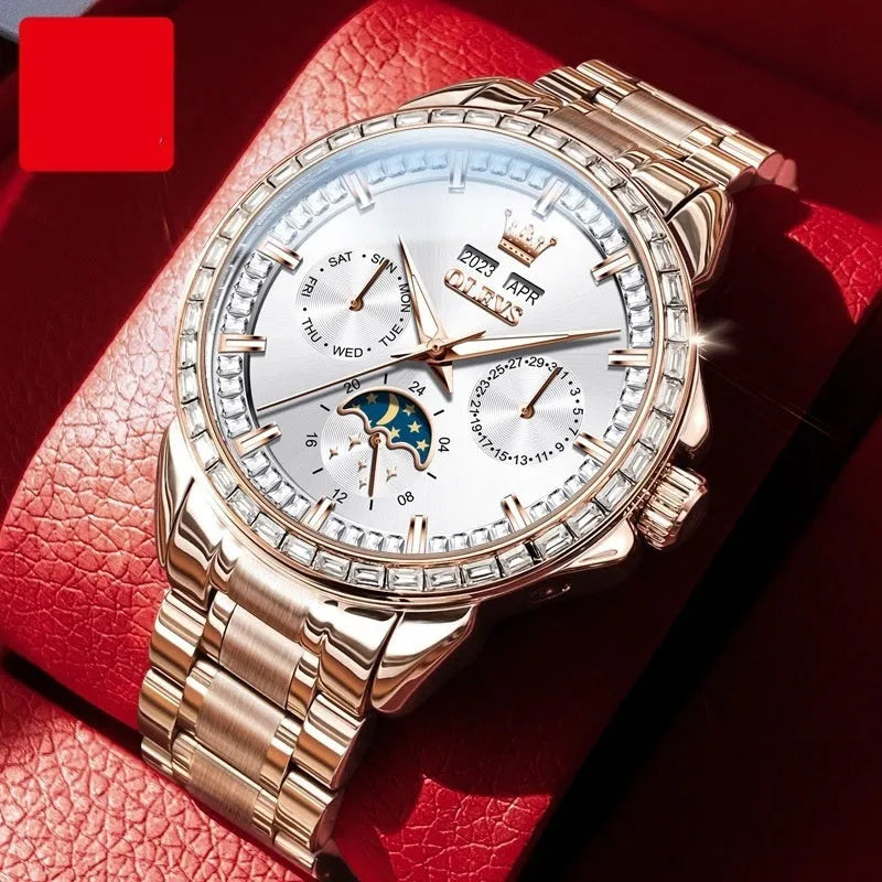 Men's automatic mechanical watch with diamond markers on stainless steel band