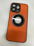 iPhone 15 Pro litchi grain leather magnetic suction phone case in black showing back cover texture