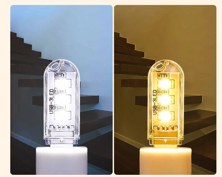 Small white USB-powered LED baby night light showing warm and cool light modes.