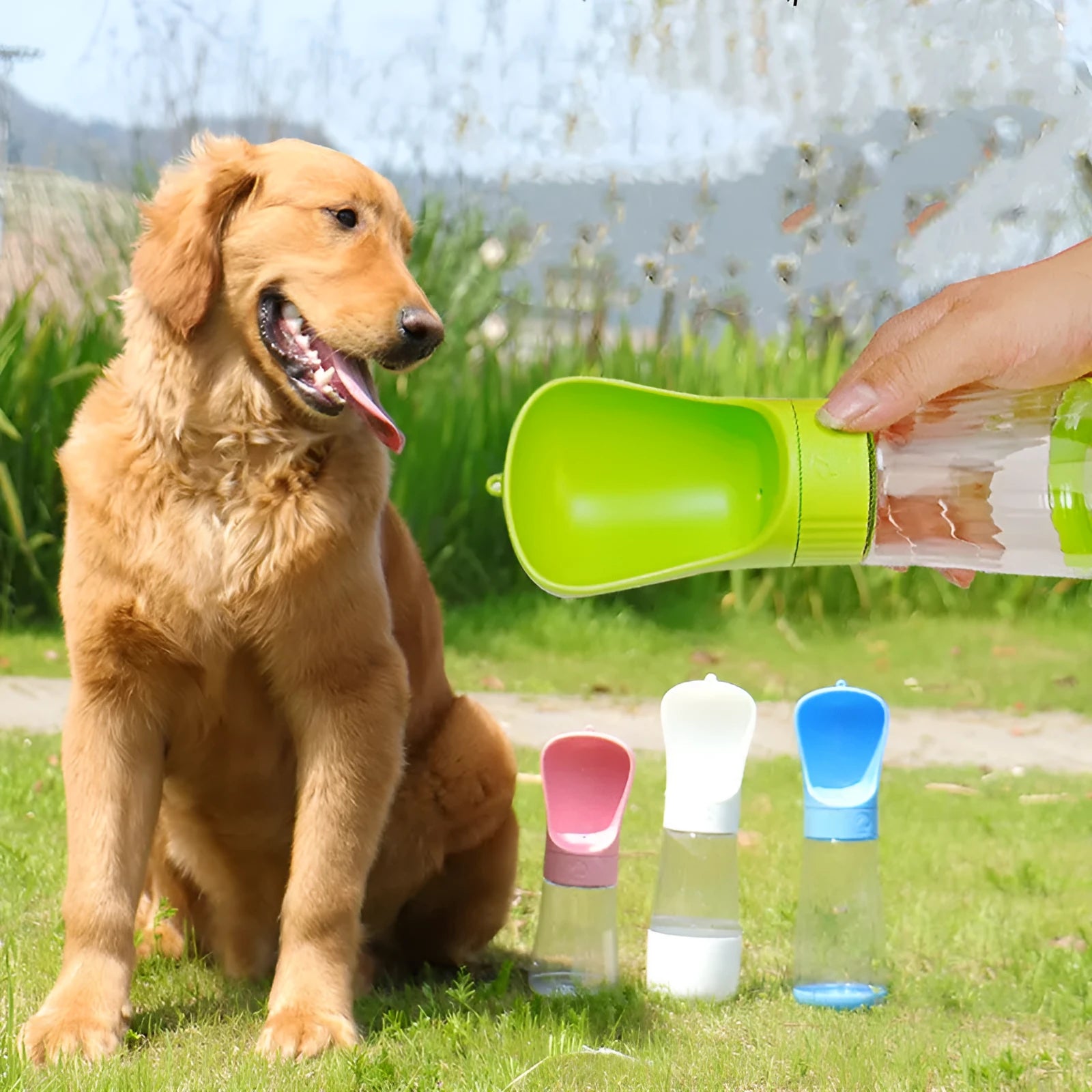 Multifunctional pet water cup in pink 510ml with lanyard for outdoor dog travel drinking