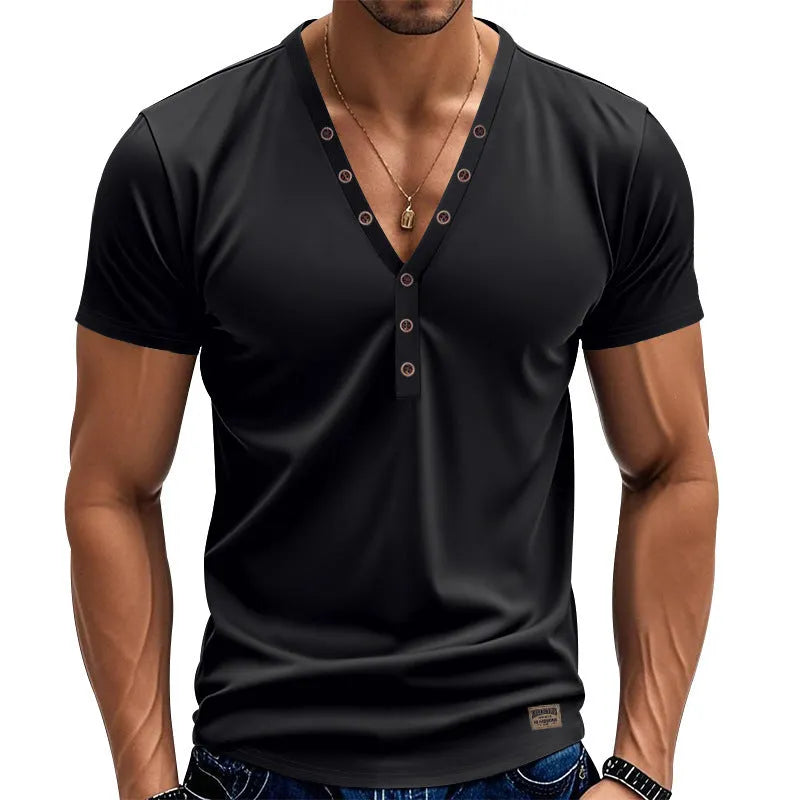 Men's loose fit V-neck button pullover in chemical fibre blend fabric available in multiple colours