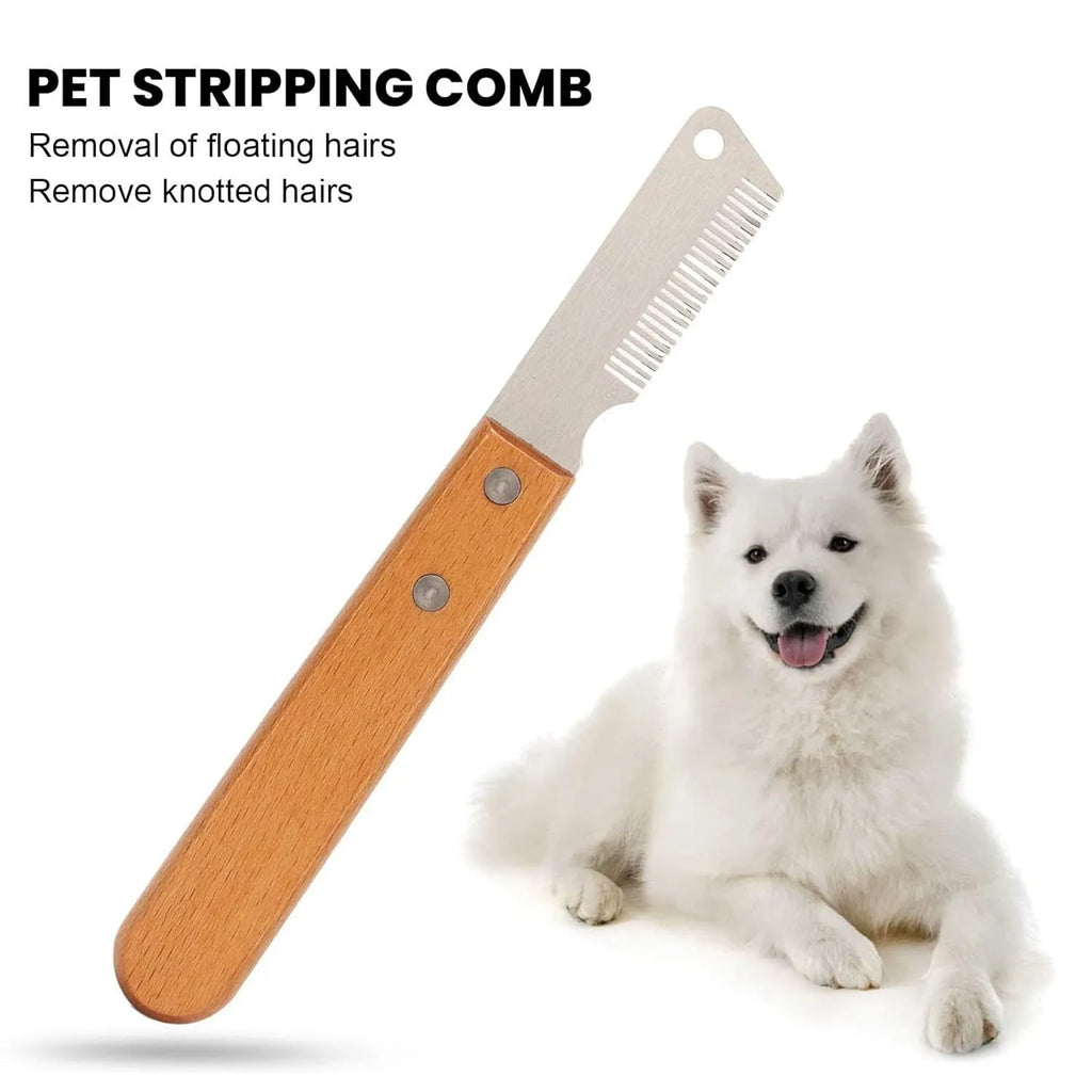 Pet stripping comb grooming tool with wood handle and metal teeth for dogs and cats