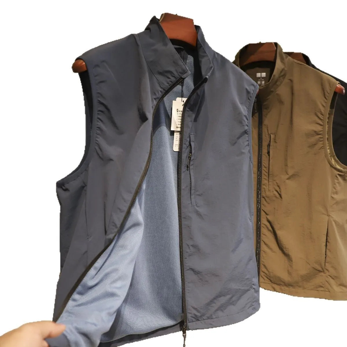 Men's Army Green nylon vest with side pockets and straight cut retro design