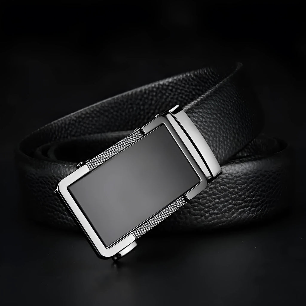 Men's leather automatic buckle belt in gold finish, showing the alloy Comfort Click fastener.
