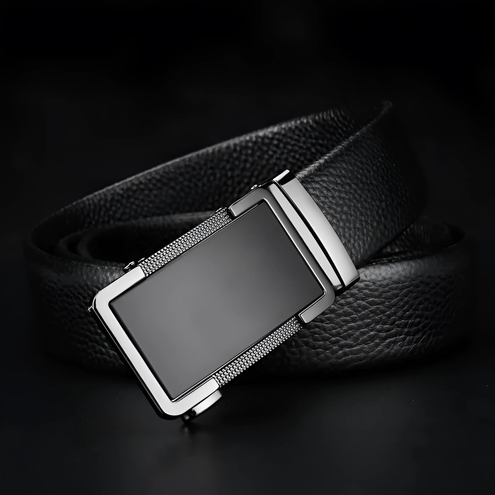 Men's leather automatic buckle belt in gold finish, showing the alloy Comfort Click fastener.