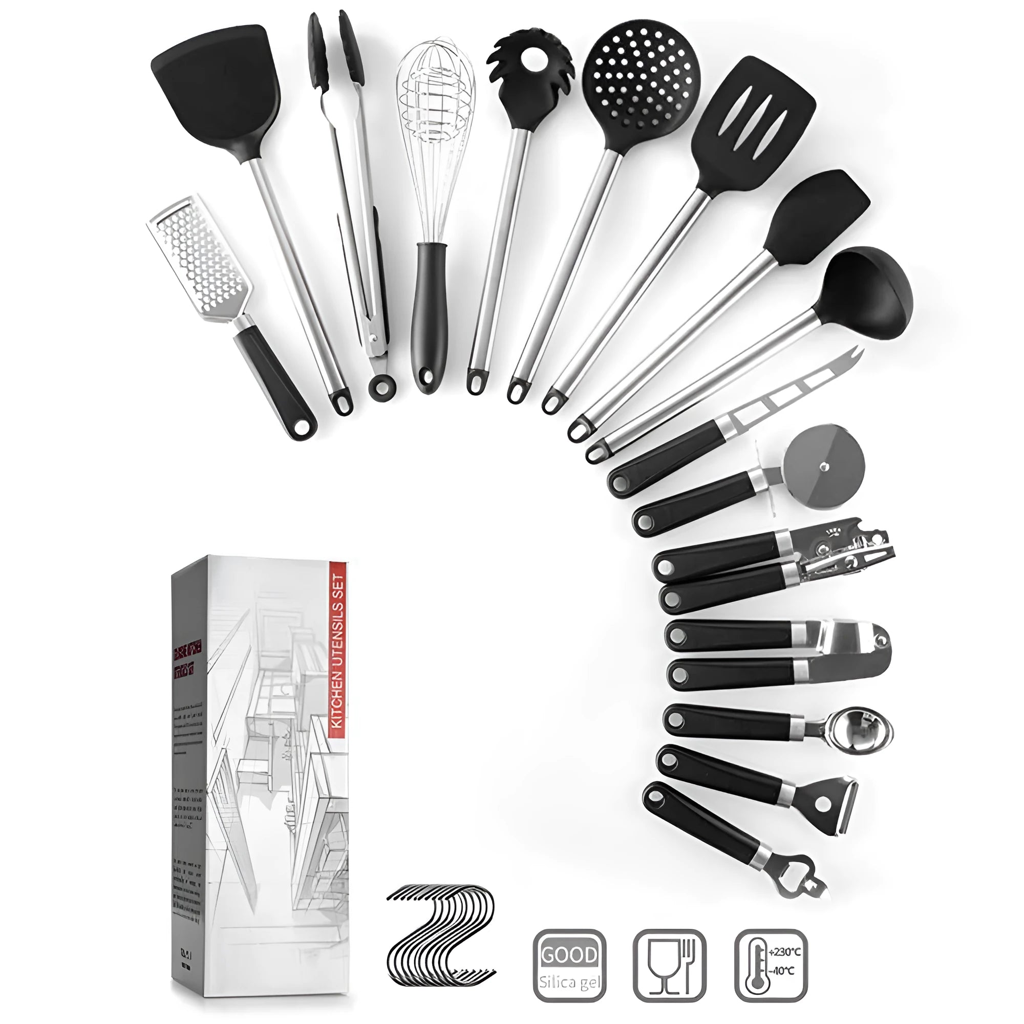 Black silicone cooking spatula and spoon set with stainless steel handles containing 16 kitchen utensils