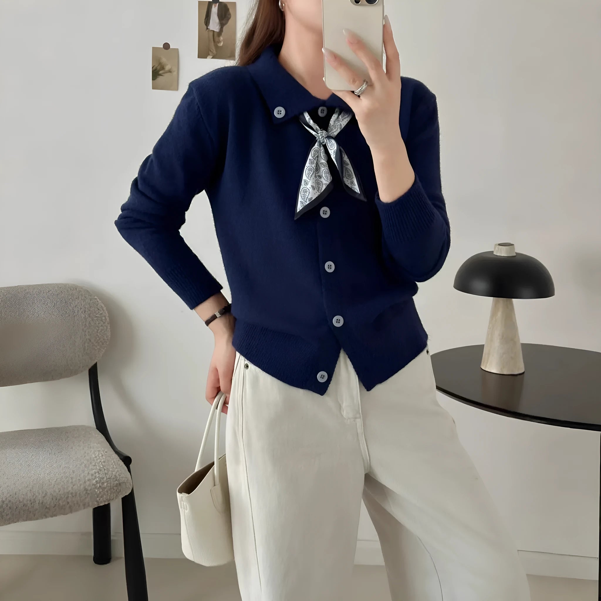Beige cardigan sweater with lapel scarf collar and splicing design detail