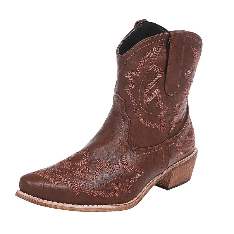 Blue women's cowboy ankle boots with embroidery, a pointed toe, and a low wedge heel.