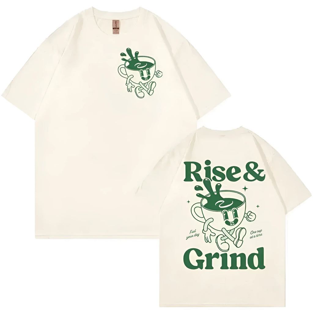 Men's black linen T-shirt with 'Rise And Grind Green Coffee' cartoon and text print in a loose fit
