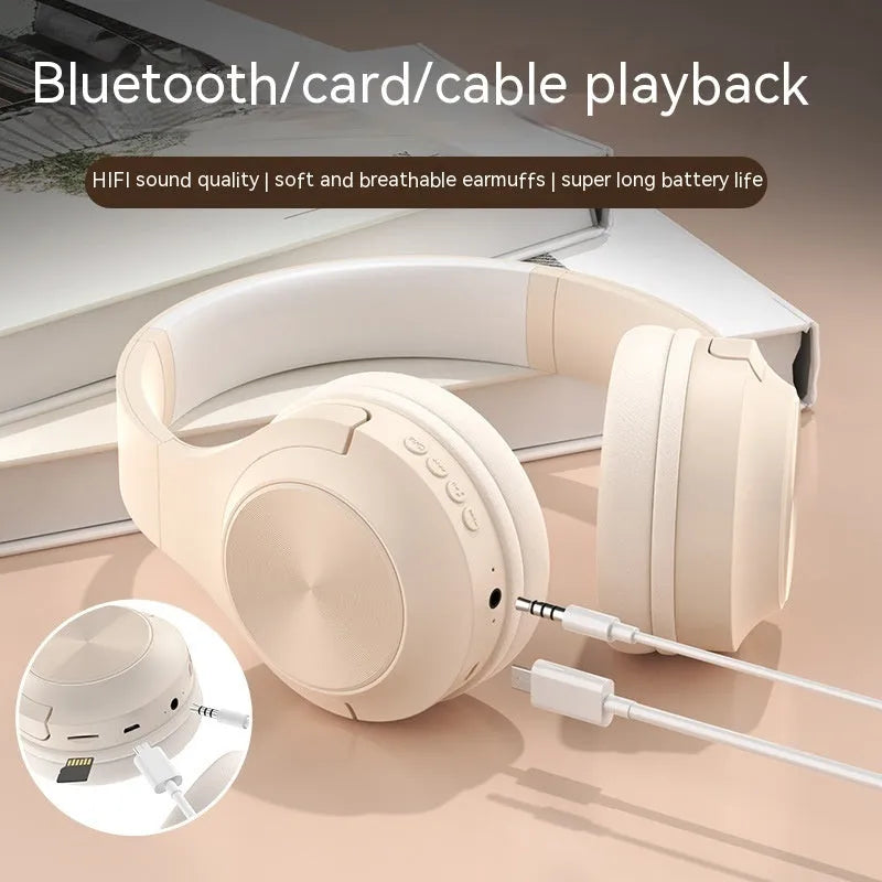 Creative design wireless Bluetooth headset in ivory white, shown in a head-mounted wearing style.
