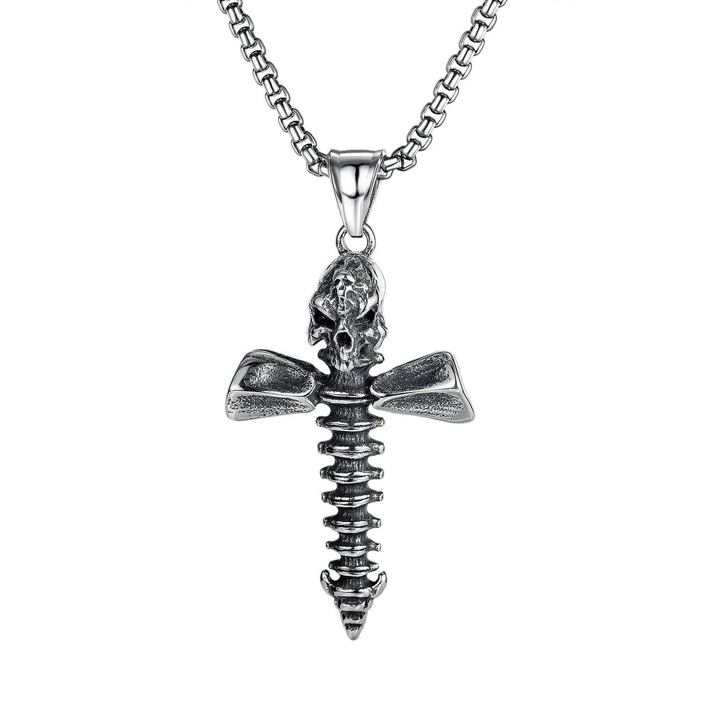 Men's silver stainless steel necklace with an alloy skull pendant on a chain.