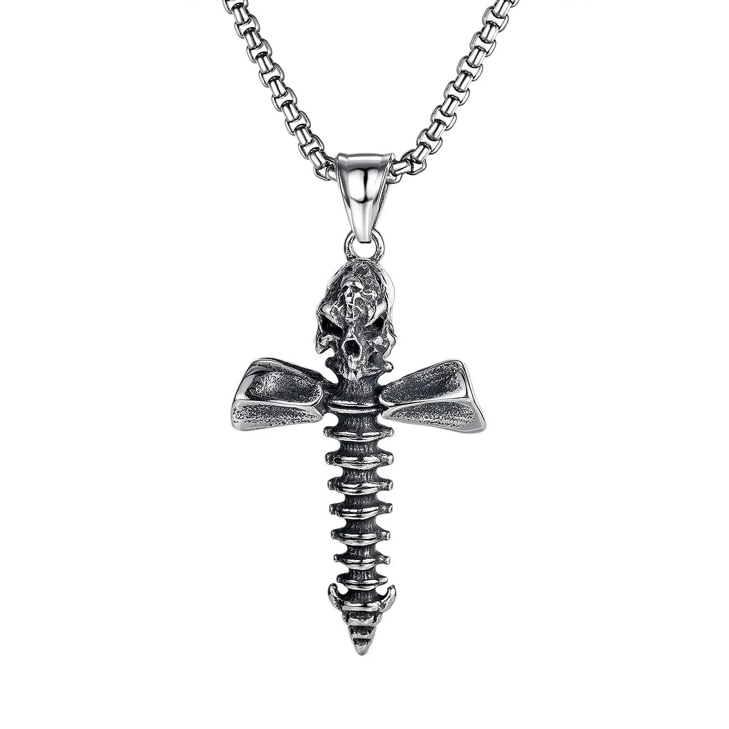Men's silver stainless steel necklace with an alloy skull pendant on a chain.