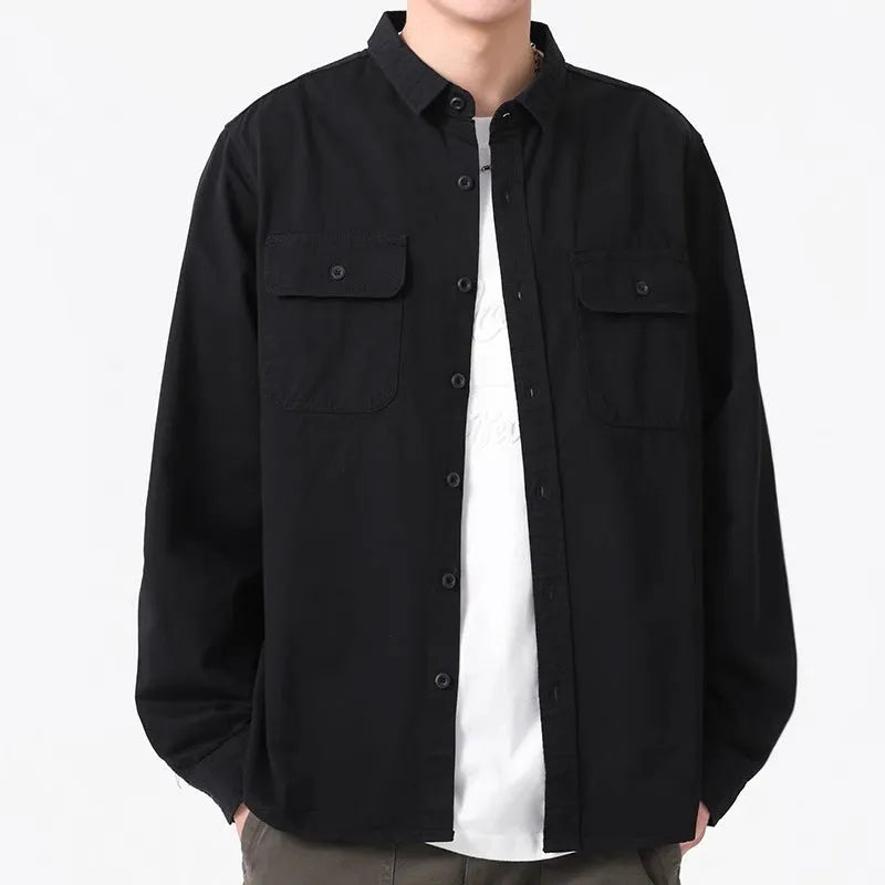 Men's loose fit long sleeve cardigan shirt in polyester available in four colours