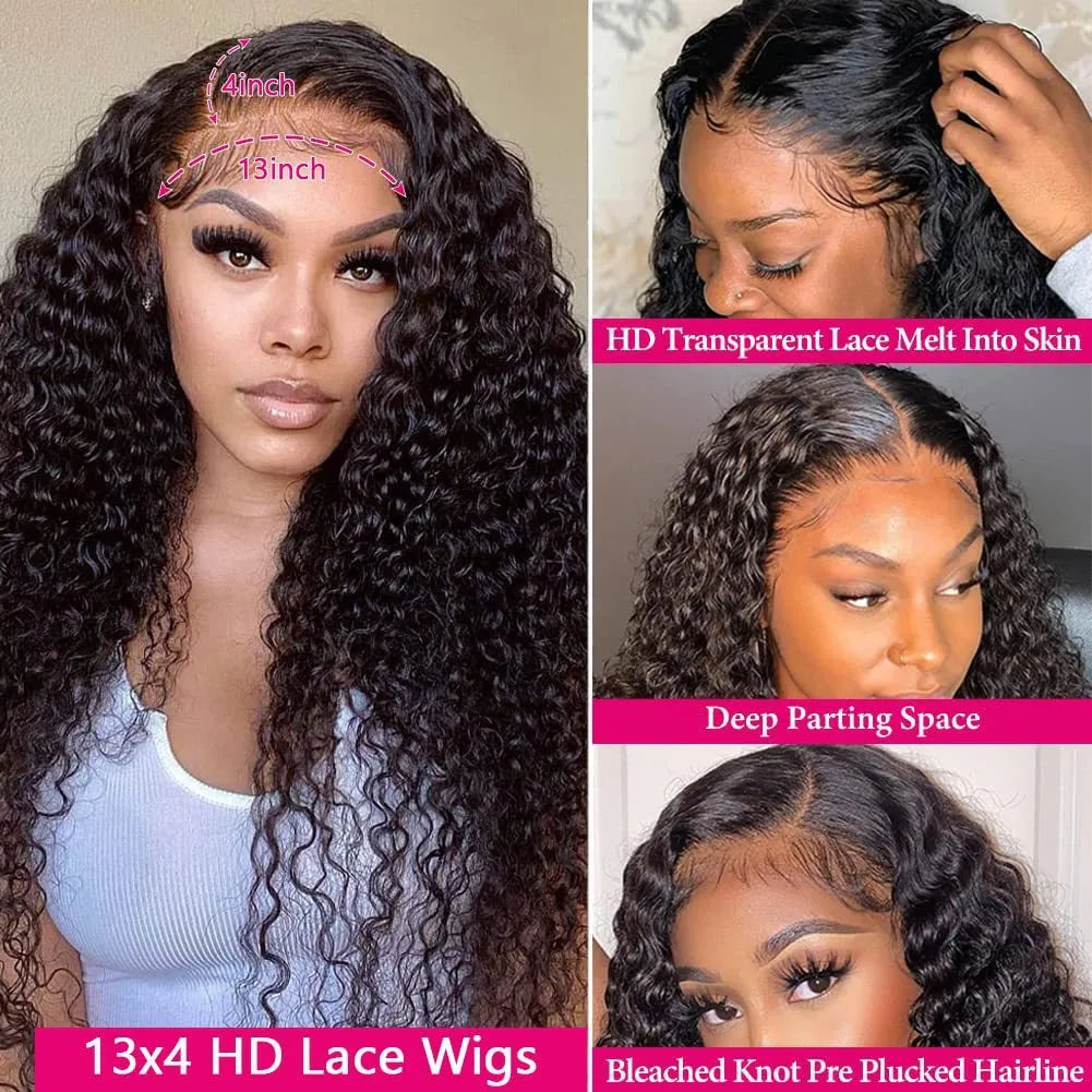 Front lace human hair wig deep wave hand-woven natural look